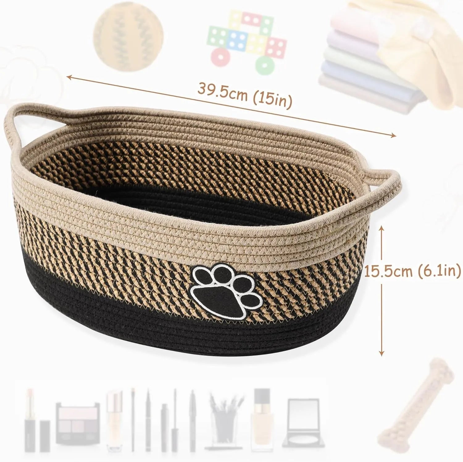 Small light beige hand-woven cotton rope storage basket with a wooden base and a handle.