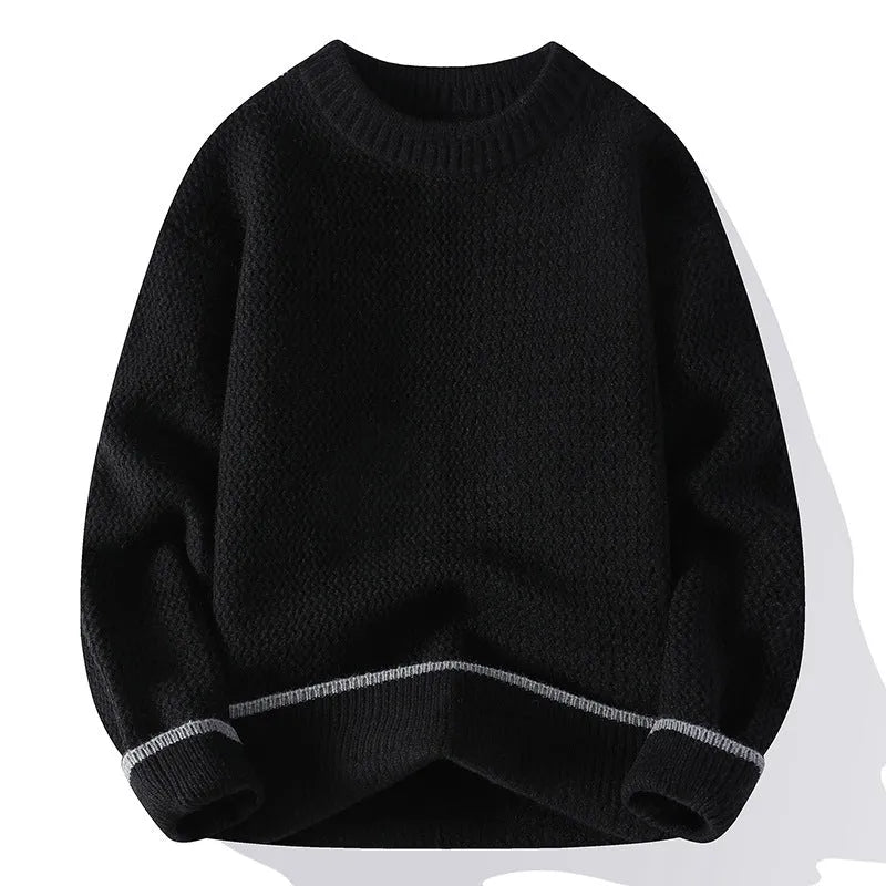 Grey men's loose fit round neck long sleeve casual pullover sweater on a hanger.