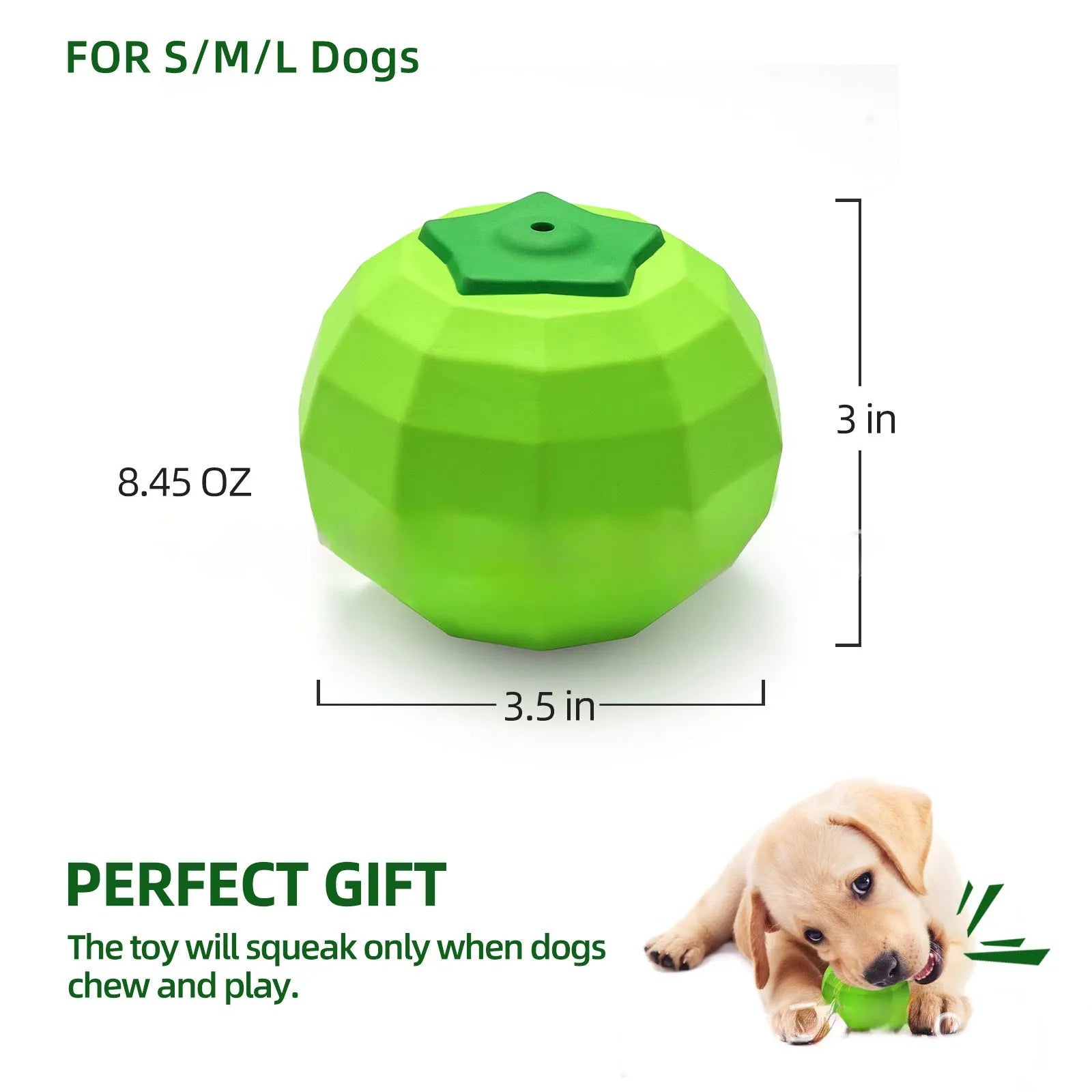 Green natural rubber dog chew ball with squeaker for large breed aggressive chewers