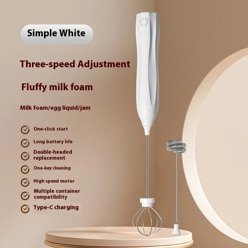 Electric mini mixer milk frother with 304 stainless steel attachment and three-speed control in beige