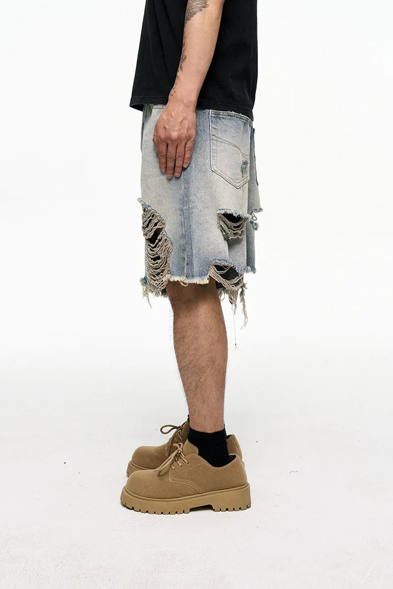 Light blue washed denim shorts for men with a baggy wide-leg vintage cut.