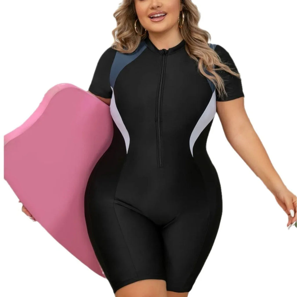 Plus size one-piece zipper sports swimsuit for women in black polyester short sleeve design