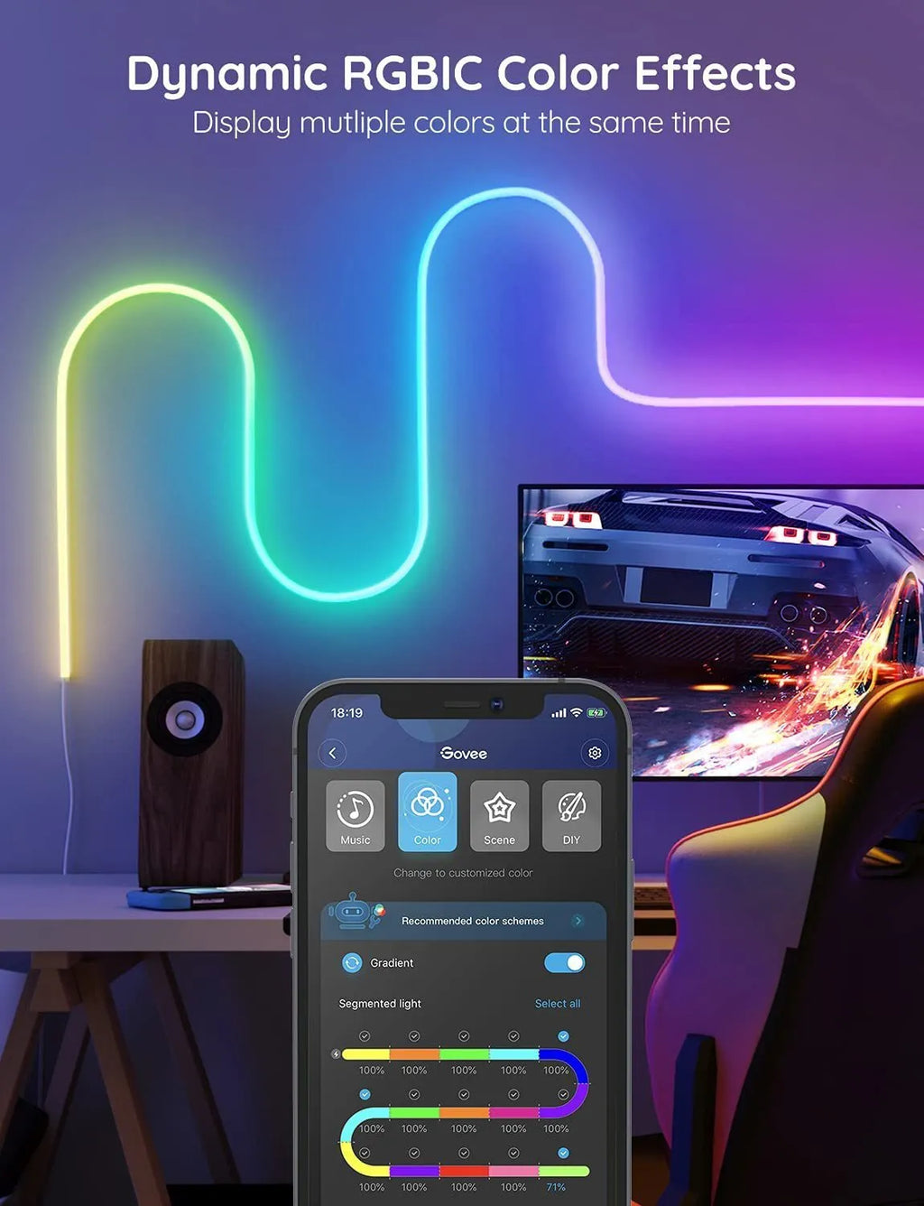 Music neon strip light with Bluetooth WIFI5 RGBIC control 84 LED 5050 beads waterproof 24V for entertainment venue lighting