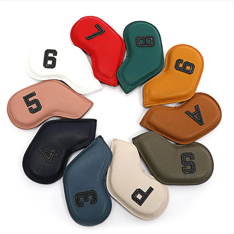 Set of 10 digital printed golf club head covers in various designs for outdoor sports use
