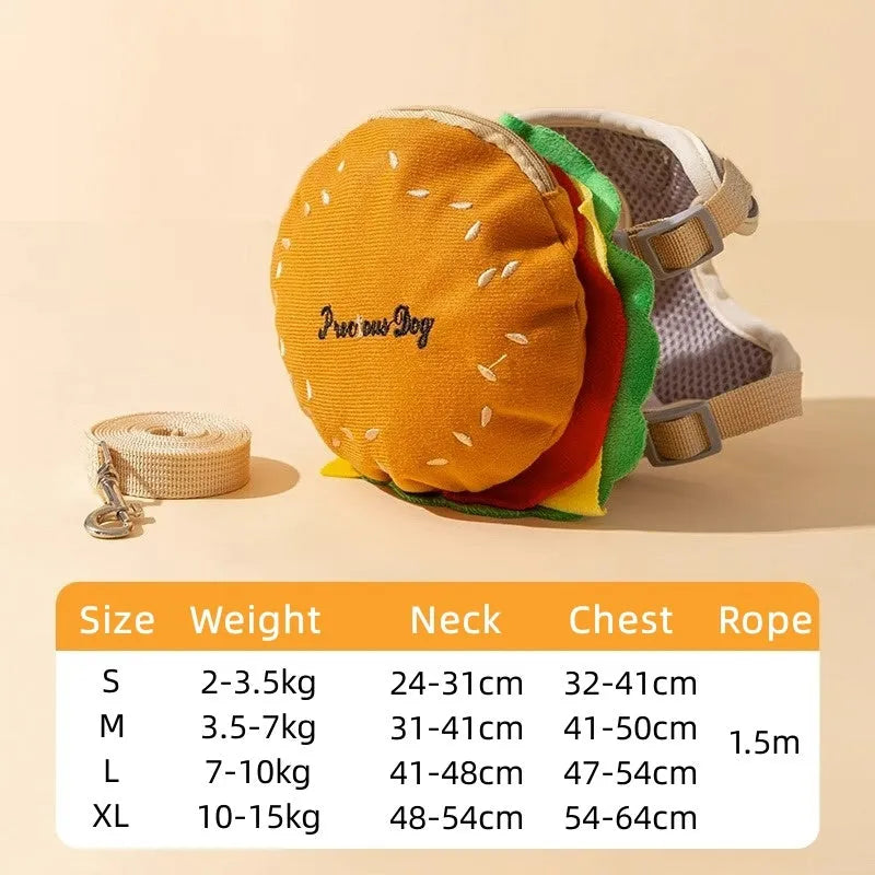 Cartoon hamburger chips design adjustable escape-proof vest leash rope for a dog.