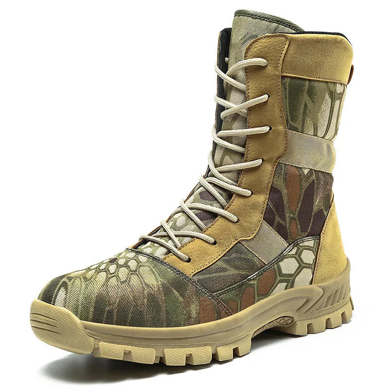 Men's black and camouflage high-top combat boots with mesh upper and lace-up design