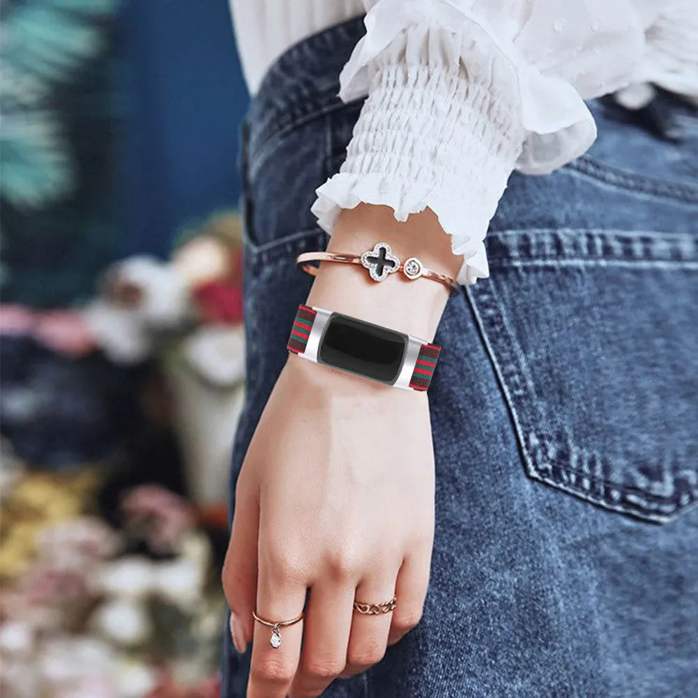 Adjustable printed elastic replacement watch strap for Fitbit Charge 6 in multiple colour options.