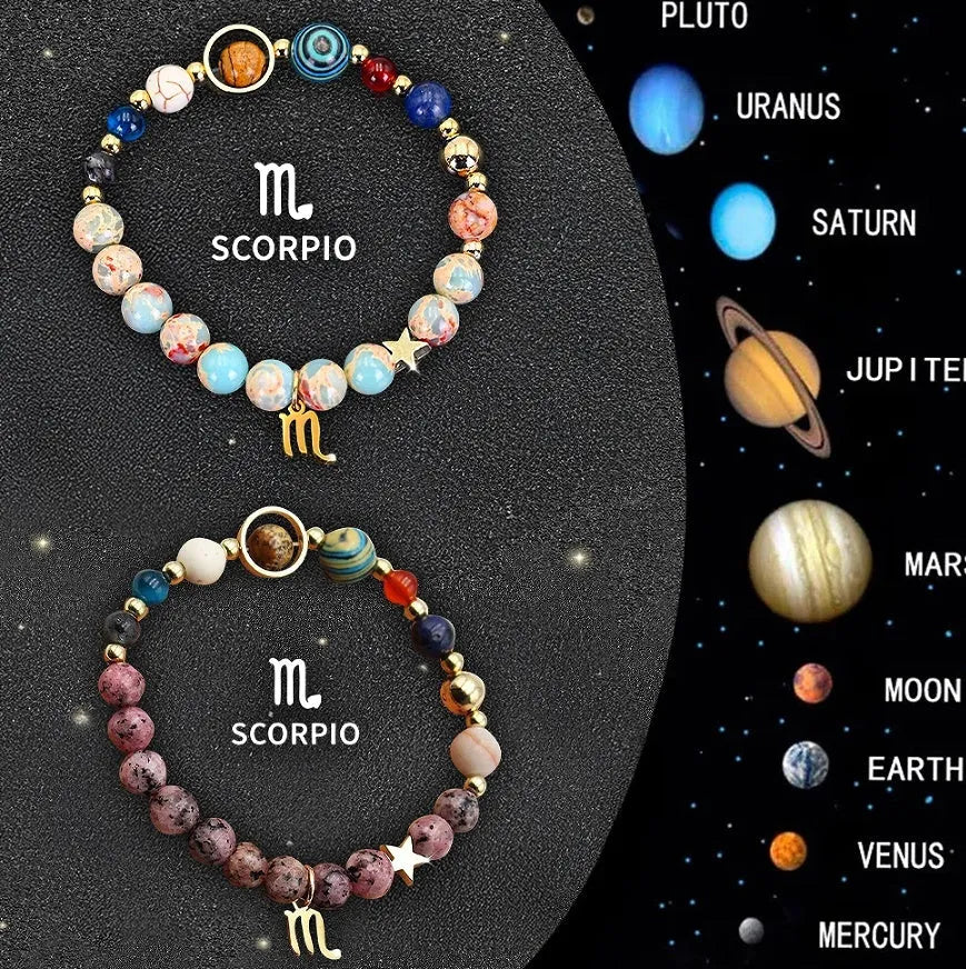 Natural stone beaded bracelet set showing two zodiac sign bracelets with twelve astrology style options