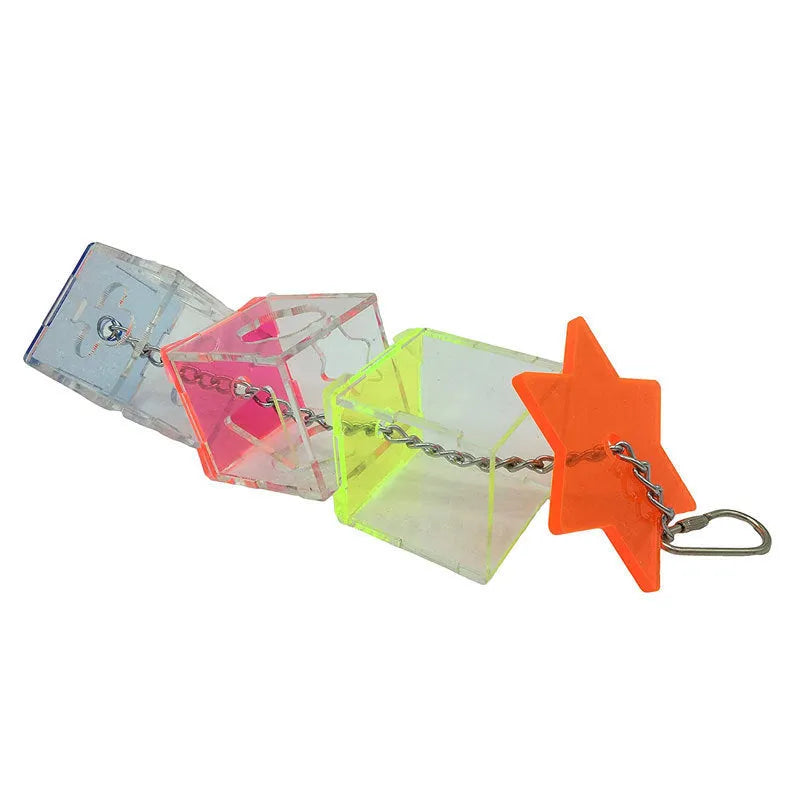 Clear acrylic parrot foraging toy, a long hollow tube for hiding bird food.