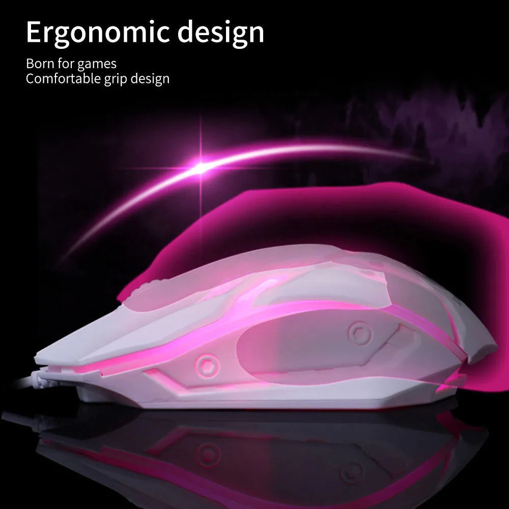 Wired USB mouse with luminous effect in black or white colours, showing 1600 DPI resolution and 1.3m cable