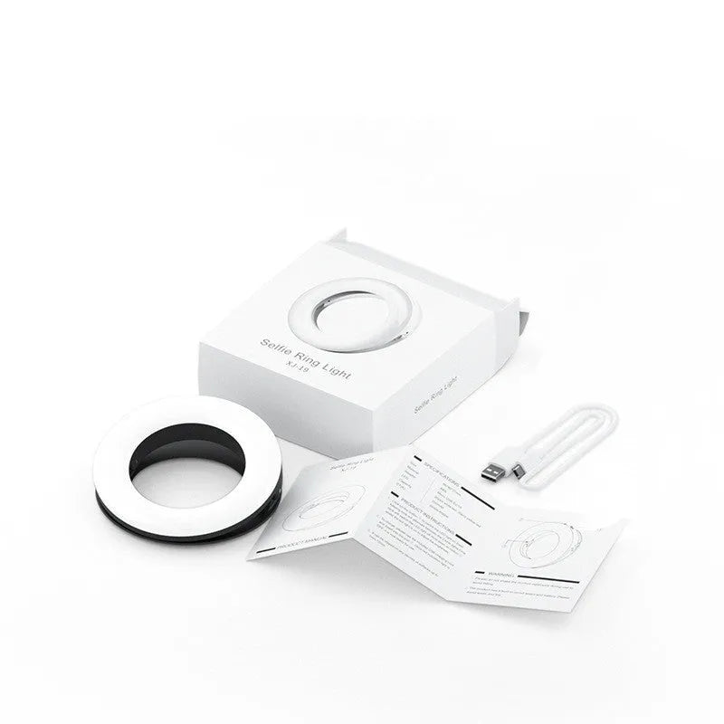 Black USB-rechargeable selfie ring light for mobile phone photography with adjustable brightness