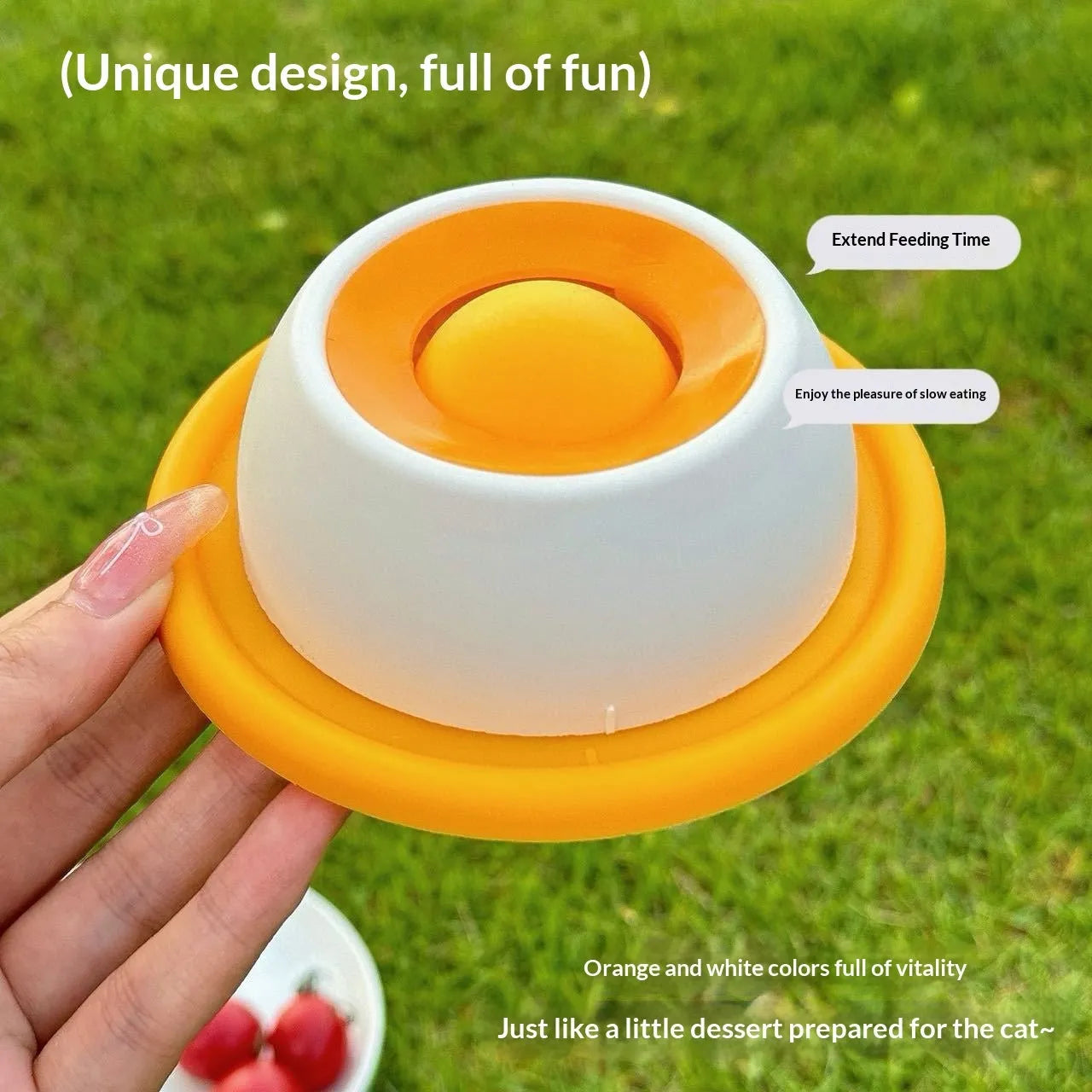 Yellow anti-spill slow feeder cat toy for indoor cats