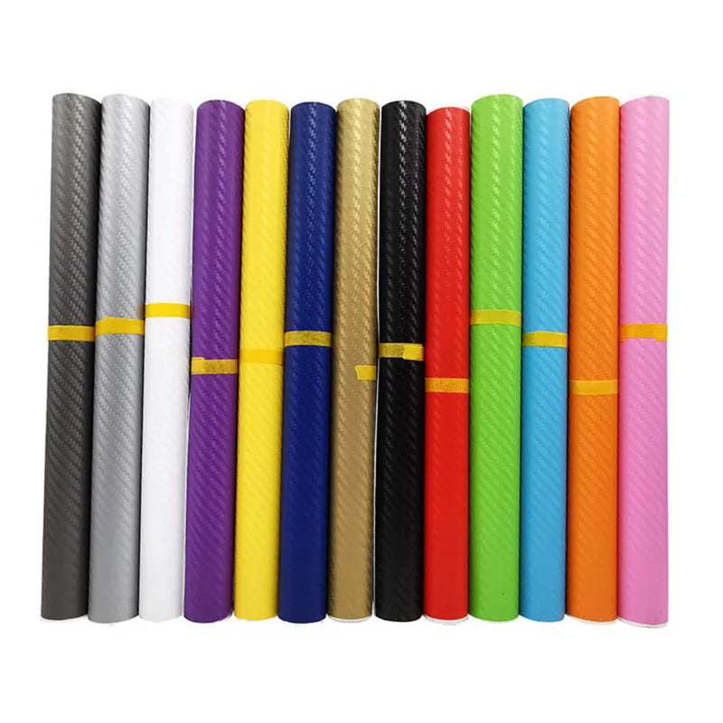 3D carbon fibre sticker roll for car decoration in eight colour options showing textured material