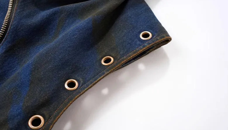 Blue denim vest coat with hood and matching trousers Korean style set