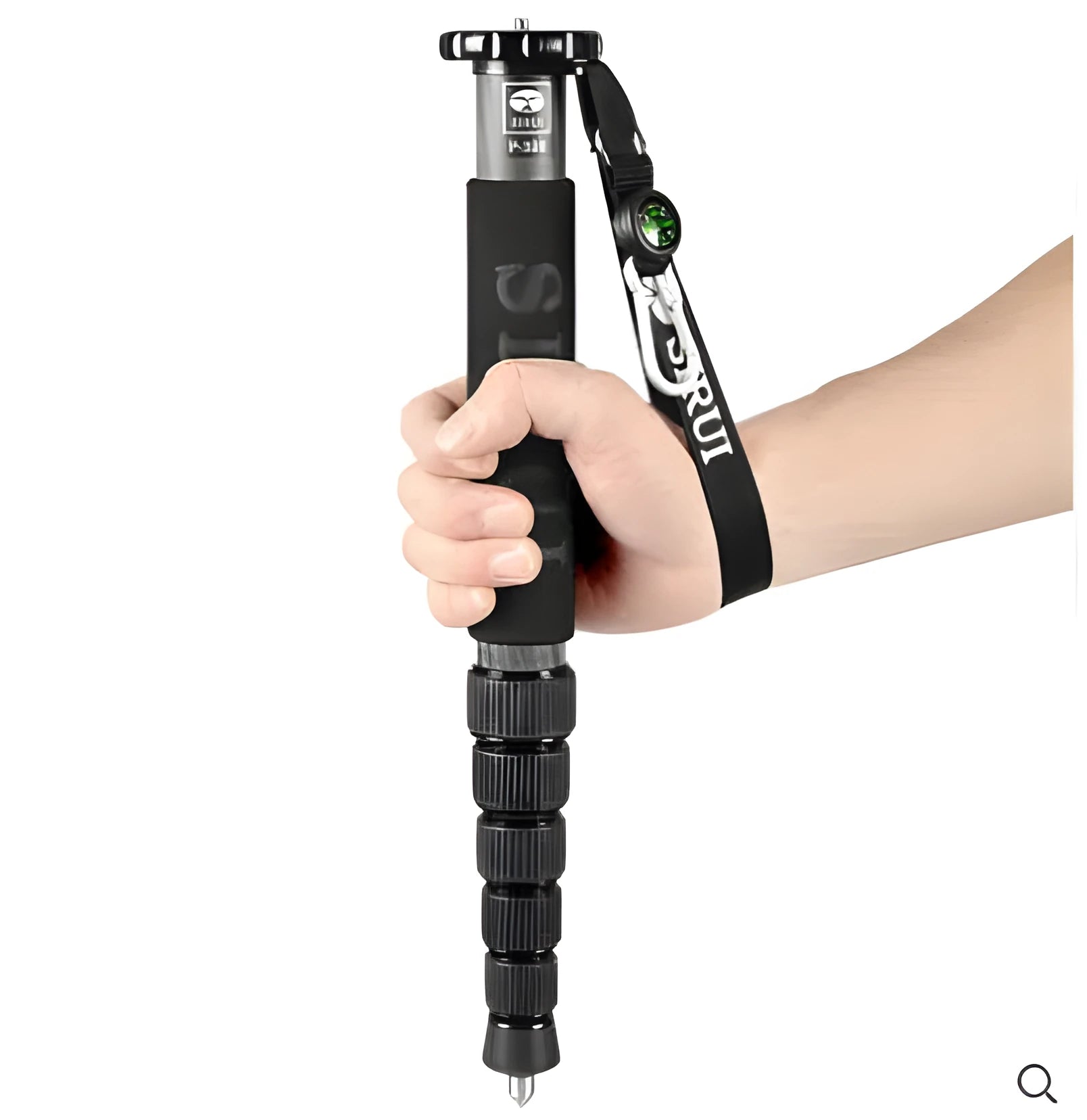 Black carbon fibre camera monopod extended to maximum 1540mm height with SLR camera mounted