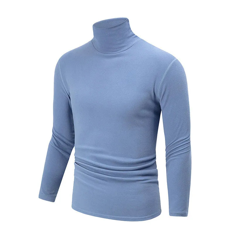 Men's solid colour high-neck polyester base layer top in black, long sleeves, thick fabric for winter warmth