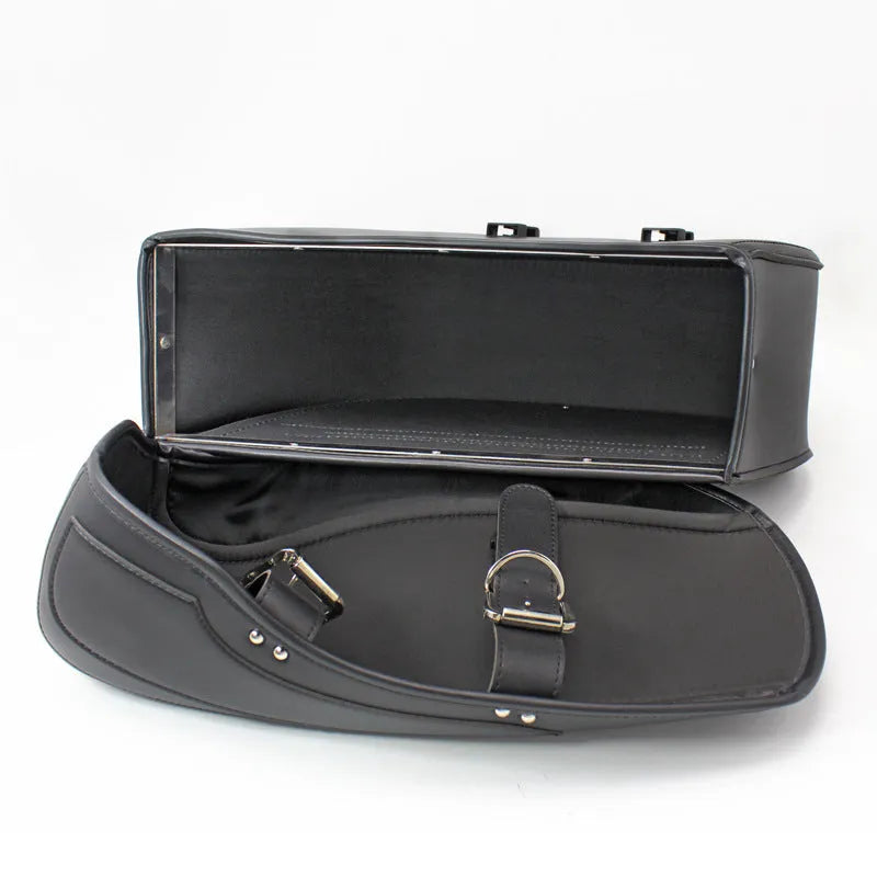 Black PU leather motorcycle saddle bag with retro styling and side box design showing dimensions