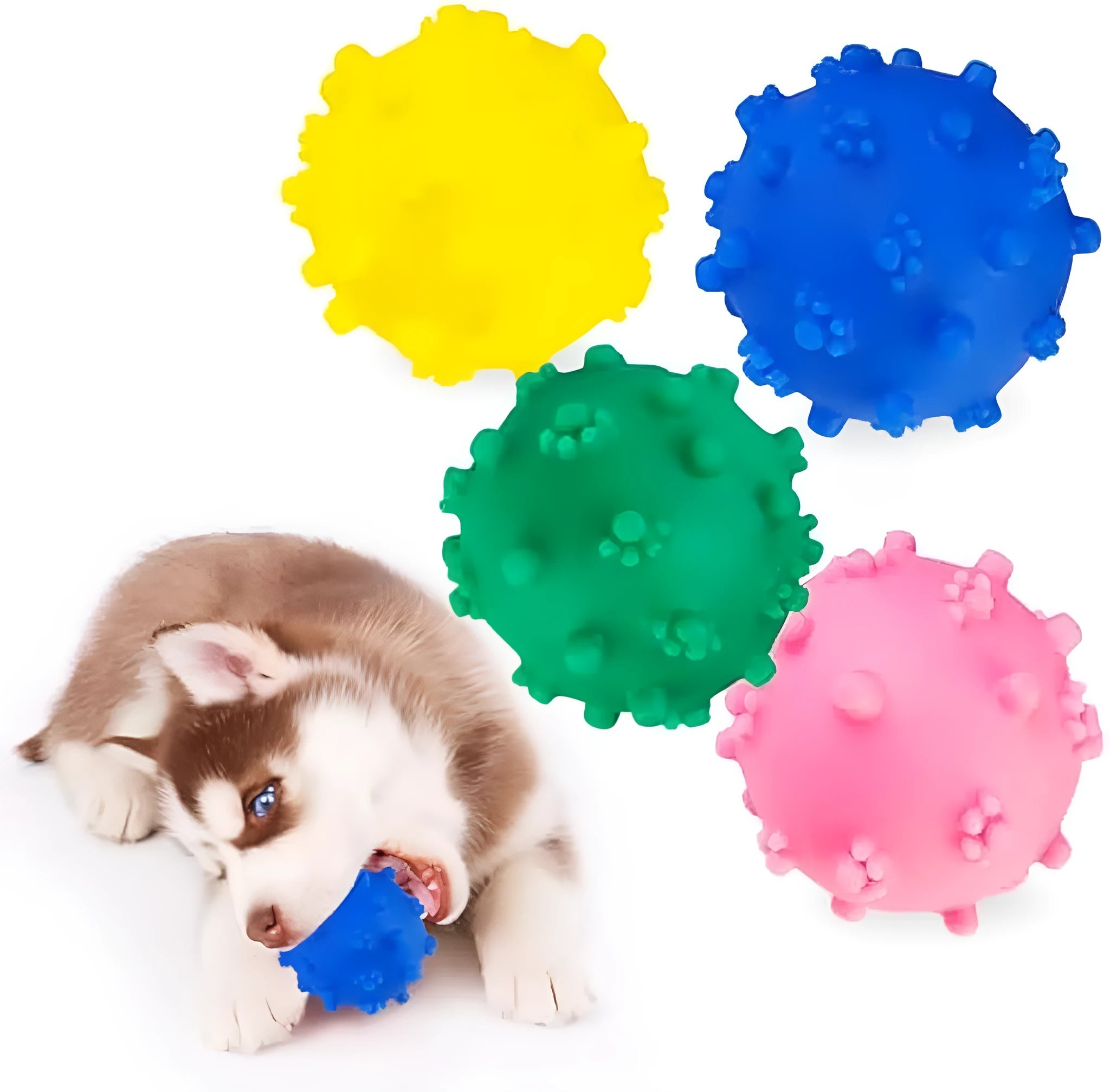 Blue, green, pink, and yellow squeaky dog balls with a spiky texture and paw print dimples.