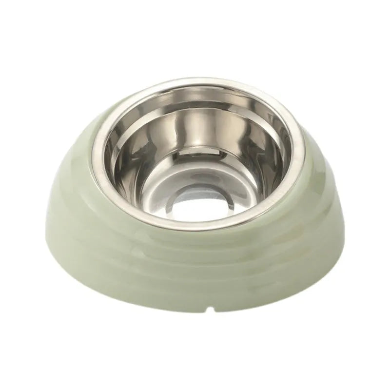 Stainless steel cat bowl on plastic stand in beige, brown, or light green colour