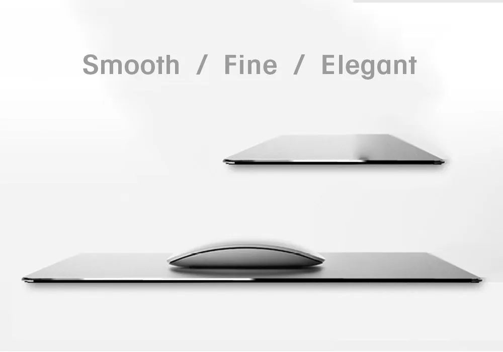 Aluminium alloy double-sided mouse pad in black with wrist support, 300x240mm size, flat on desk