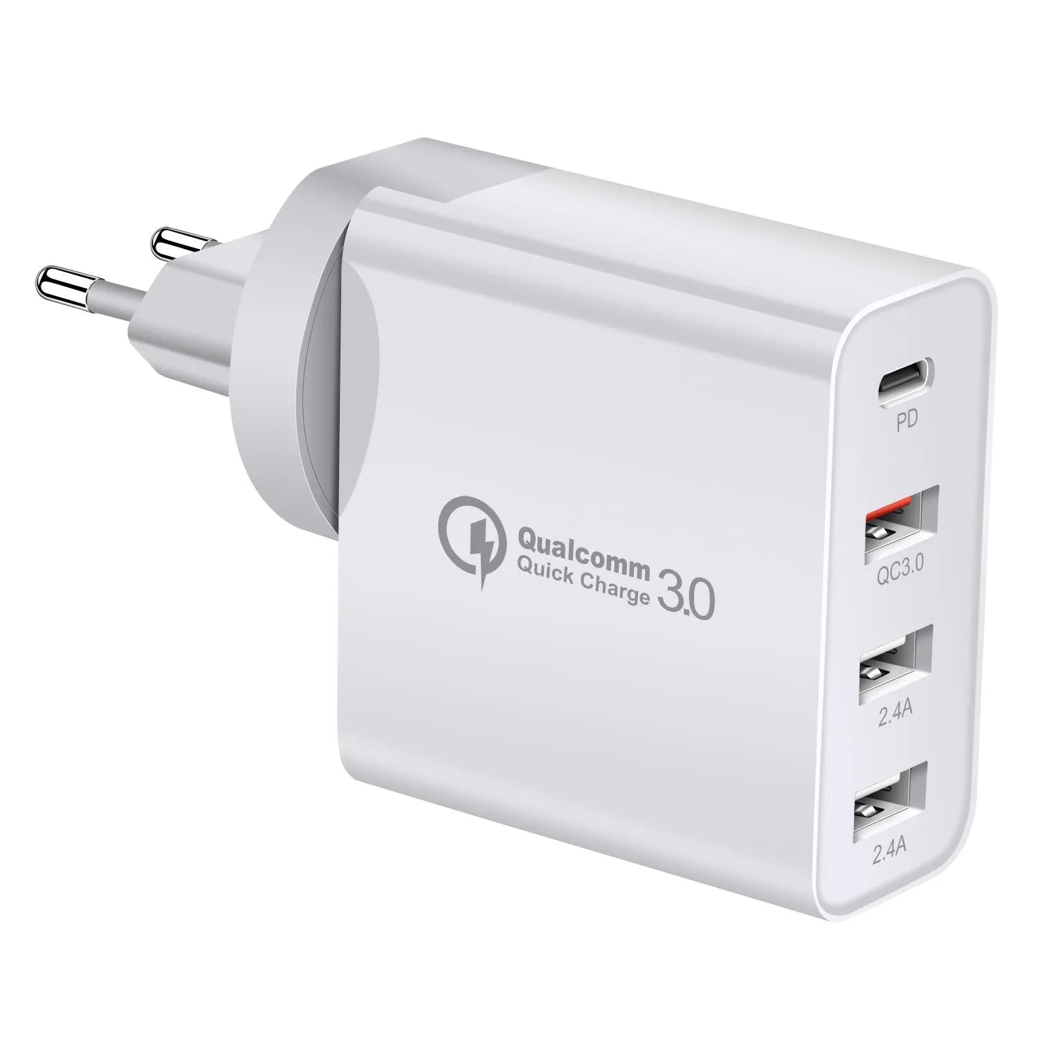 48W USB-C wall charger with four ports in black or white with international plug options