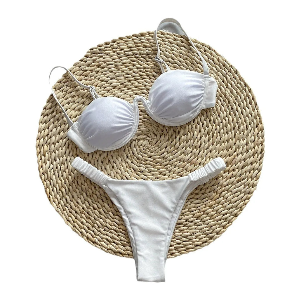 Women's black underwire bikini swimsuit with split design and European sizing