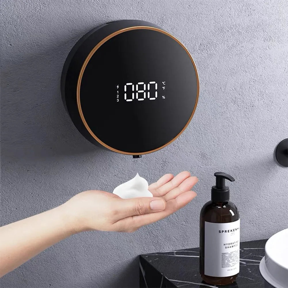Black and white wall-mounted smart sensing foam soap dispenser with USB charging port