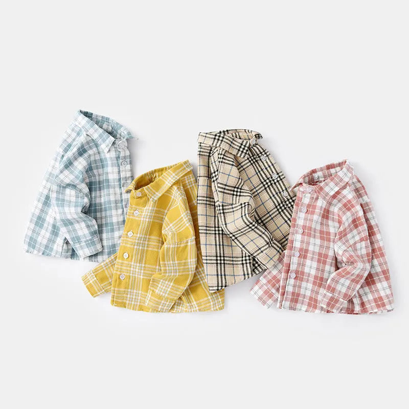 Boy's cotton lattice print long sleeve shirt in khaki, light blue, pink, or yellow for spring autumn wear