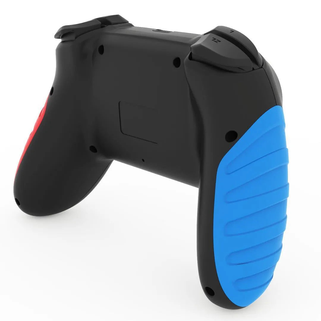 Red and blue wireless Bluetooth gamepad for Nintendo Switch and PC on a grey background.