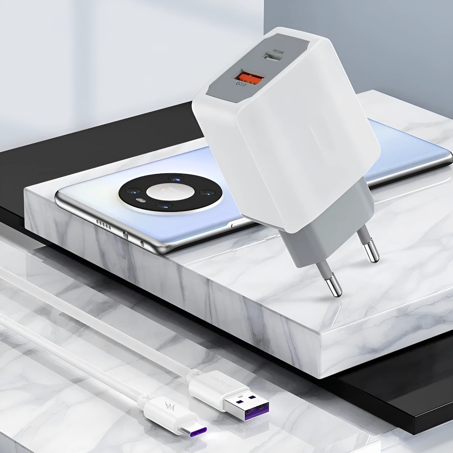 White phone fast charger set with USB cable and compact charging head