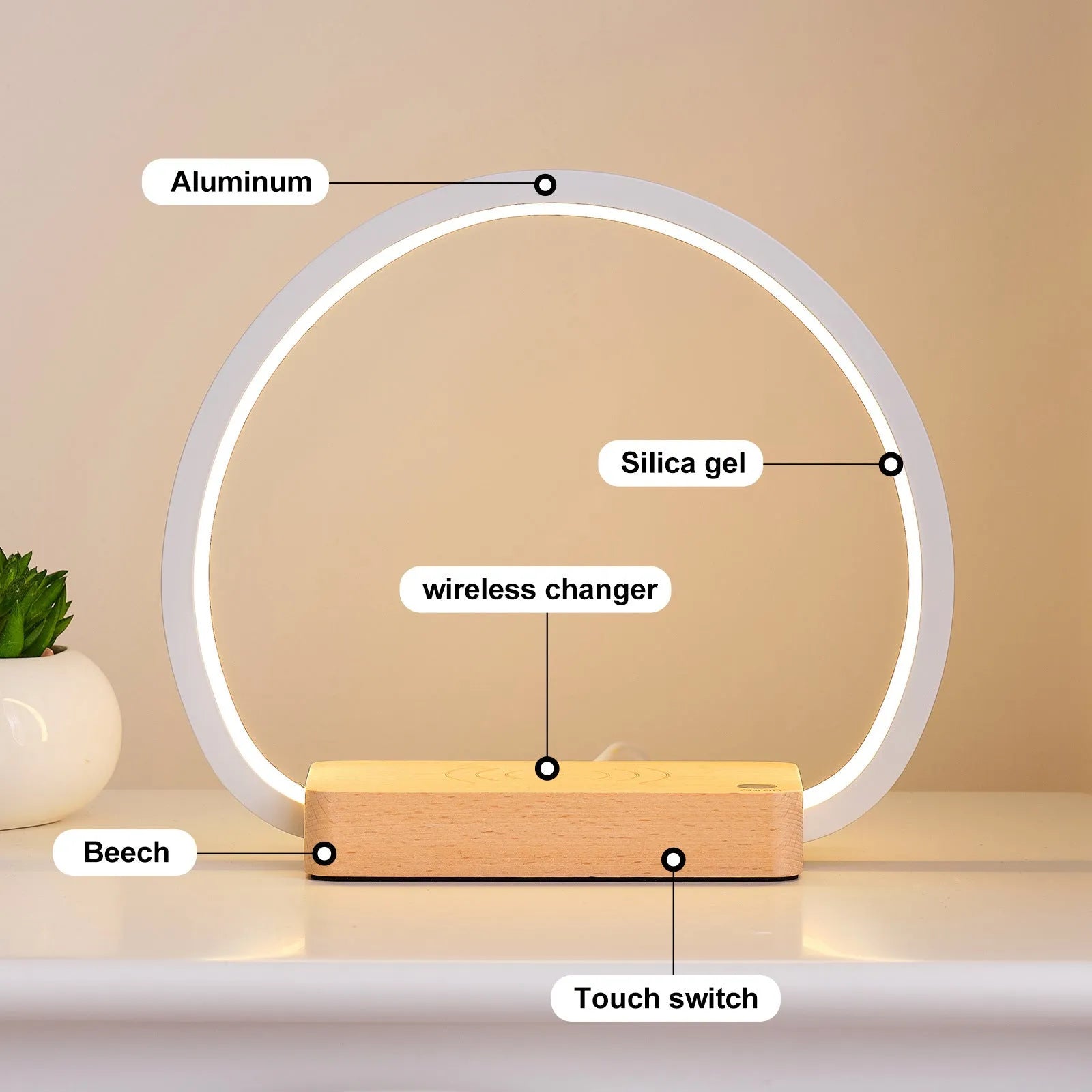 Wireless fast charging touch night light solid wood European style desk lamp with USB cable