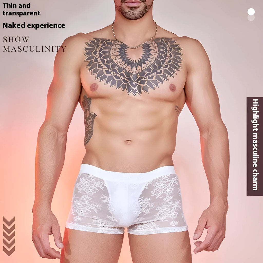 Men's nylon lace boxer shorts in free size fit, showing black, white, and red colour options