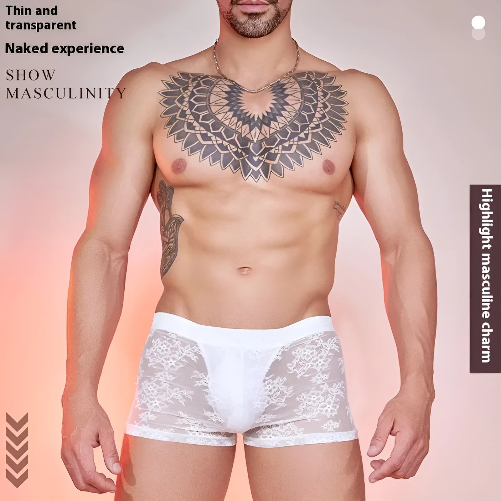 Men's nylon lace boxer shorts in free size fit, showing black, white, and red colour options
