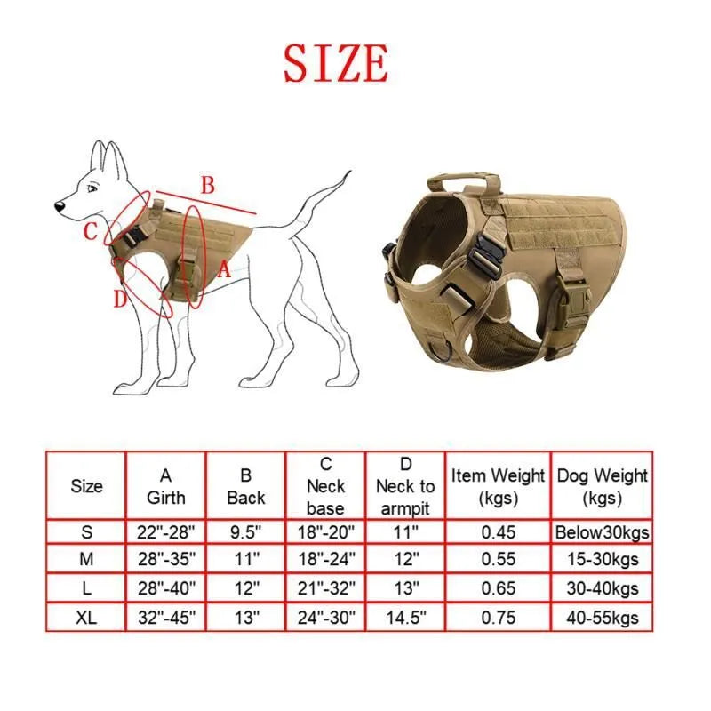 Tactical polyester dog training vest harness set shown in camouflage colour