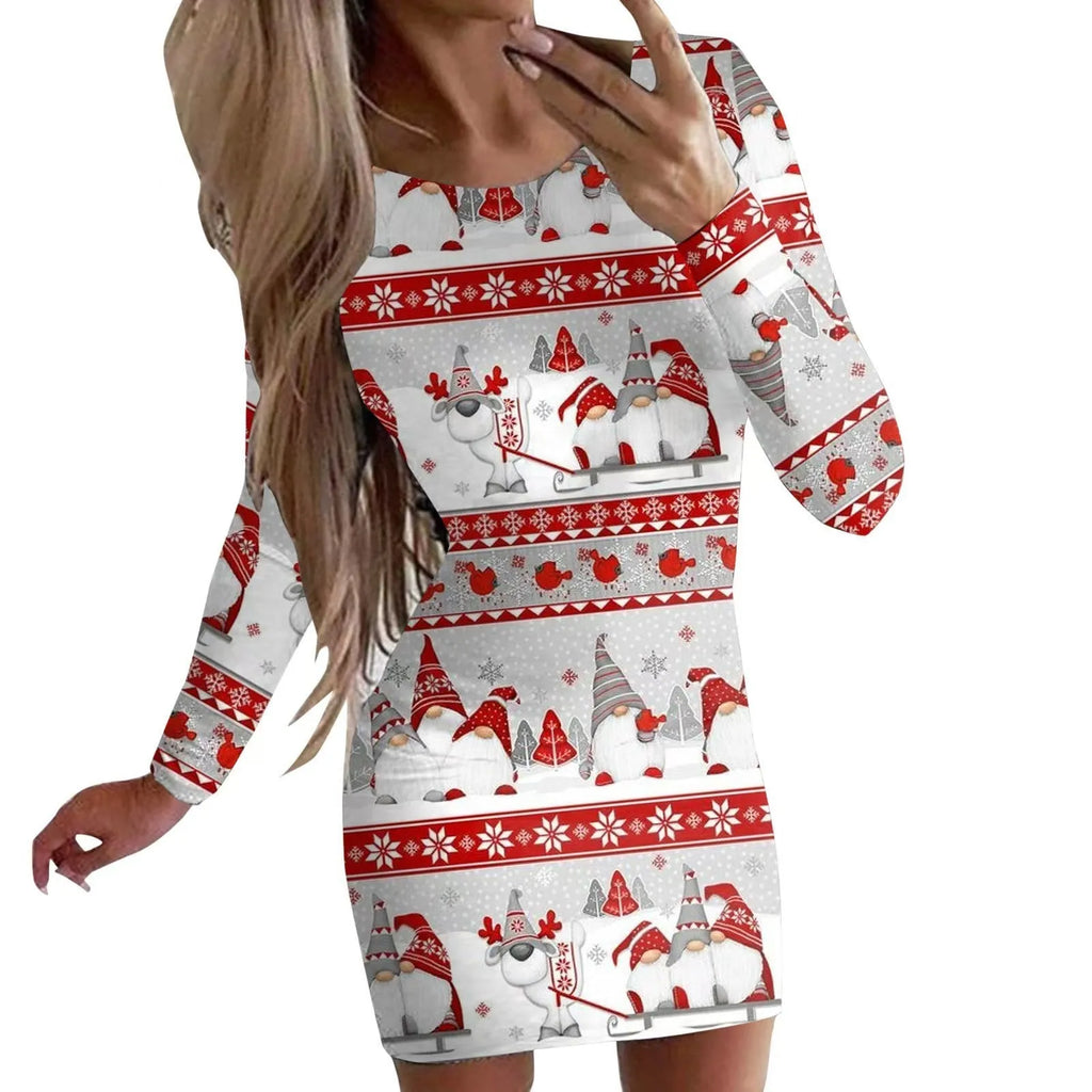 Red Christmas dress with animal print pattern, round neck, long sleeves, and a short tight-fitting hip skirt.
