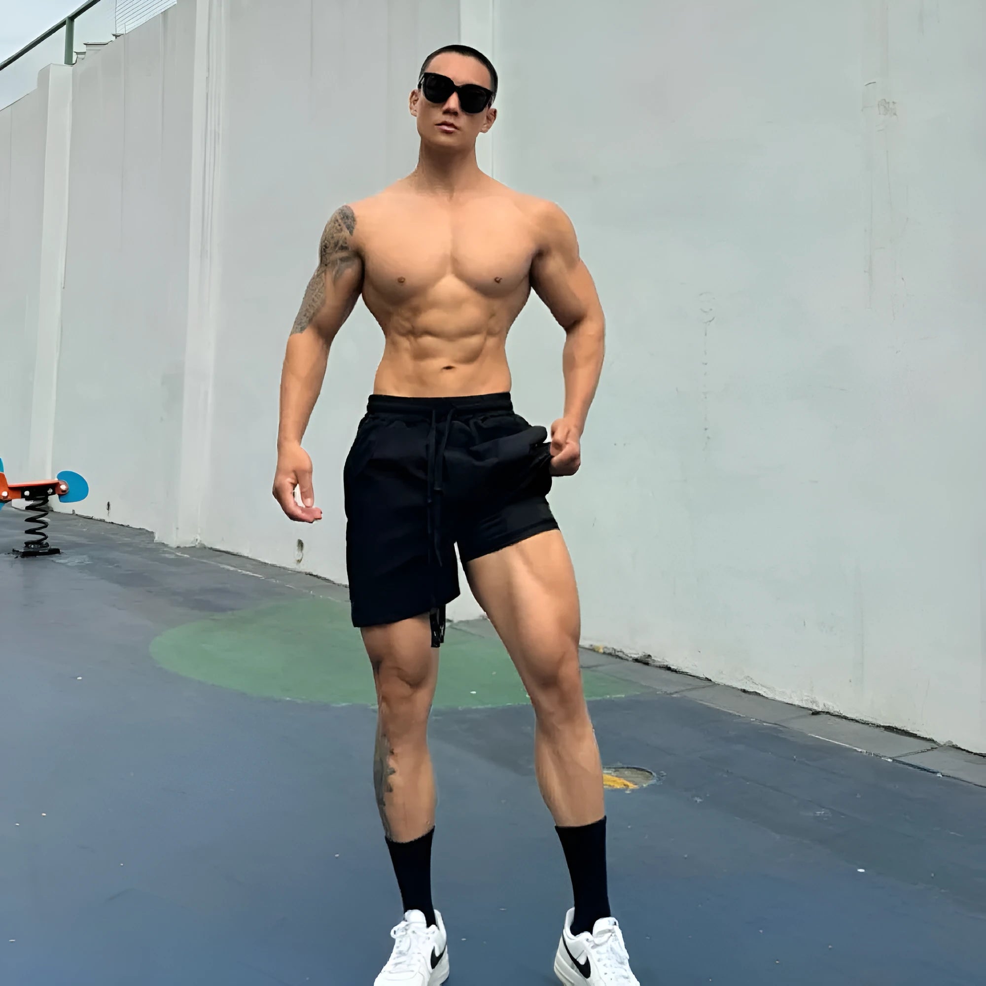 Men's ice silk quick-drying shorts in light grey on a hanger