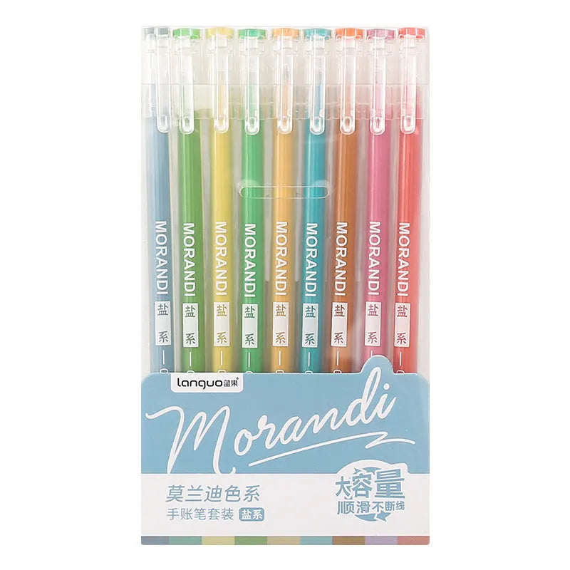 Set of nine retro-style gel pens with 0.5mm needle tips in assorted colours for note-taking.