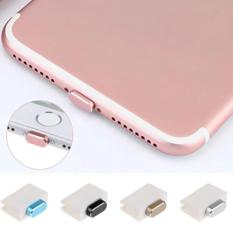 Aluminium alloy iPhone charging port dust plug in metallic colours on a dark background.