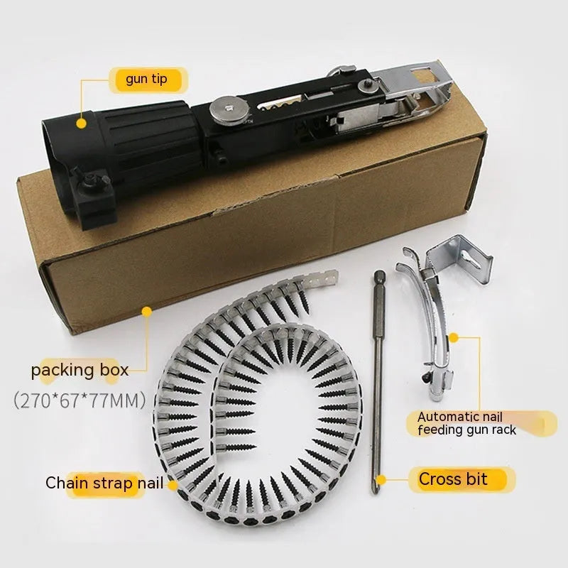 Chain screw gun head electric screwdriver with automatic nail gun function and attachments