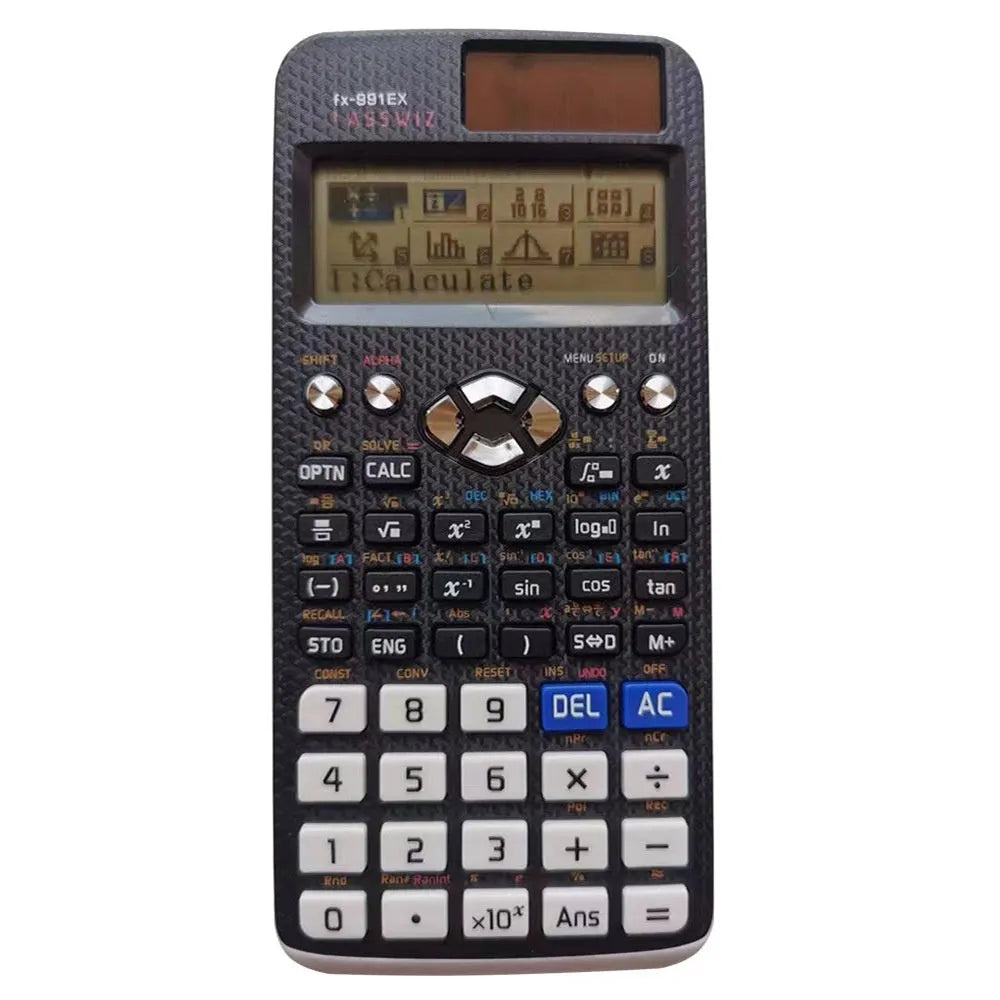 991EX multi-functional scientific calculator in black, blue, or pink with solar panel.