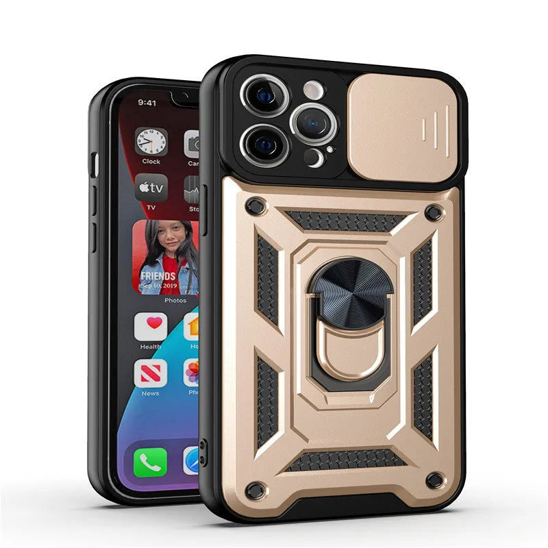 Sergeant Sliding Window magnetic iPhone case in blue, shown with the integrated bracket extended