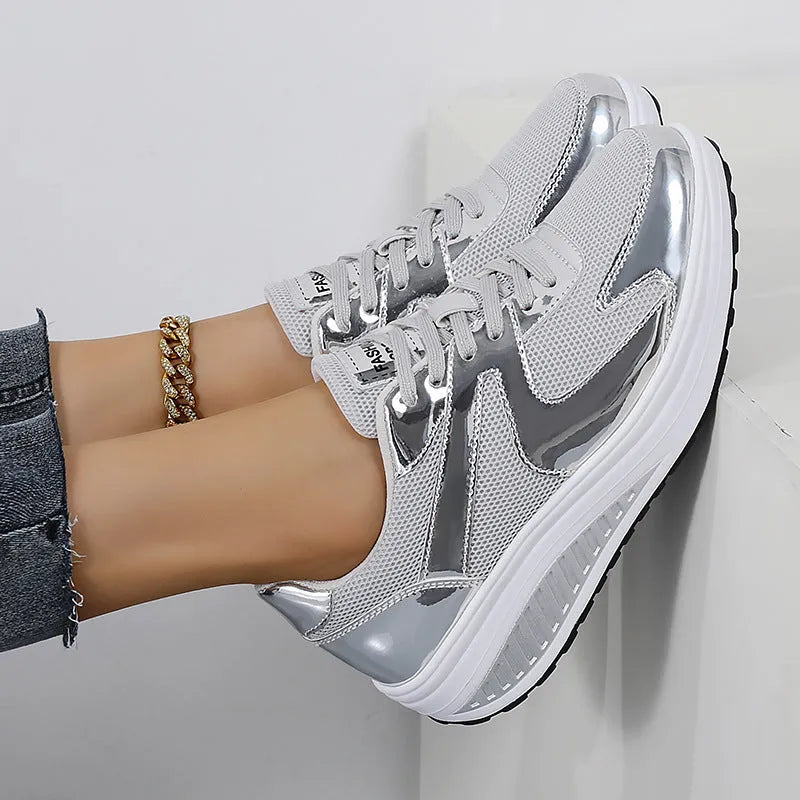Women's fashionable thick bottom mesh elevator breathable shoes in gold colour with cross strap design