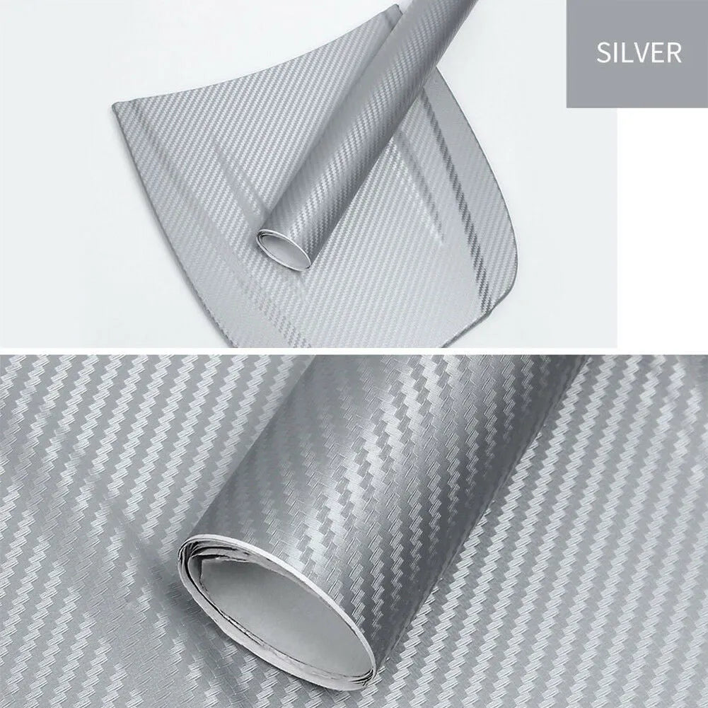 3D carbon fibre sticker roll for car decoration in eight colour options showing textured material
