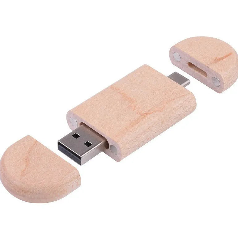 Maple box carved wooden USB flash drive showing both TYPE-C and standard USB connectors