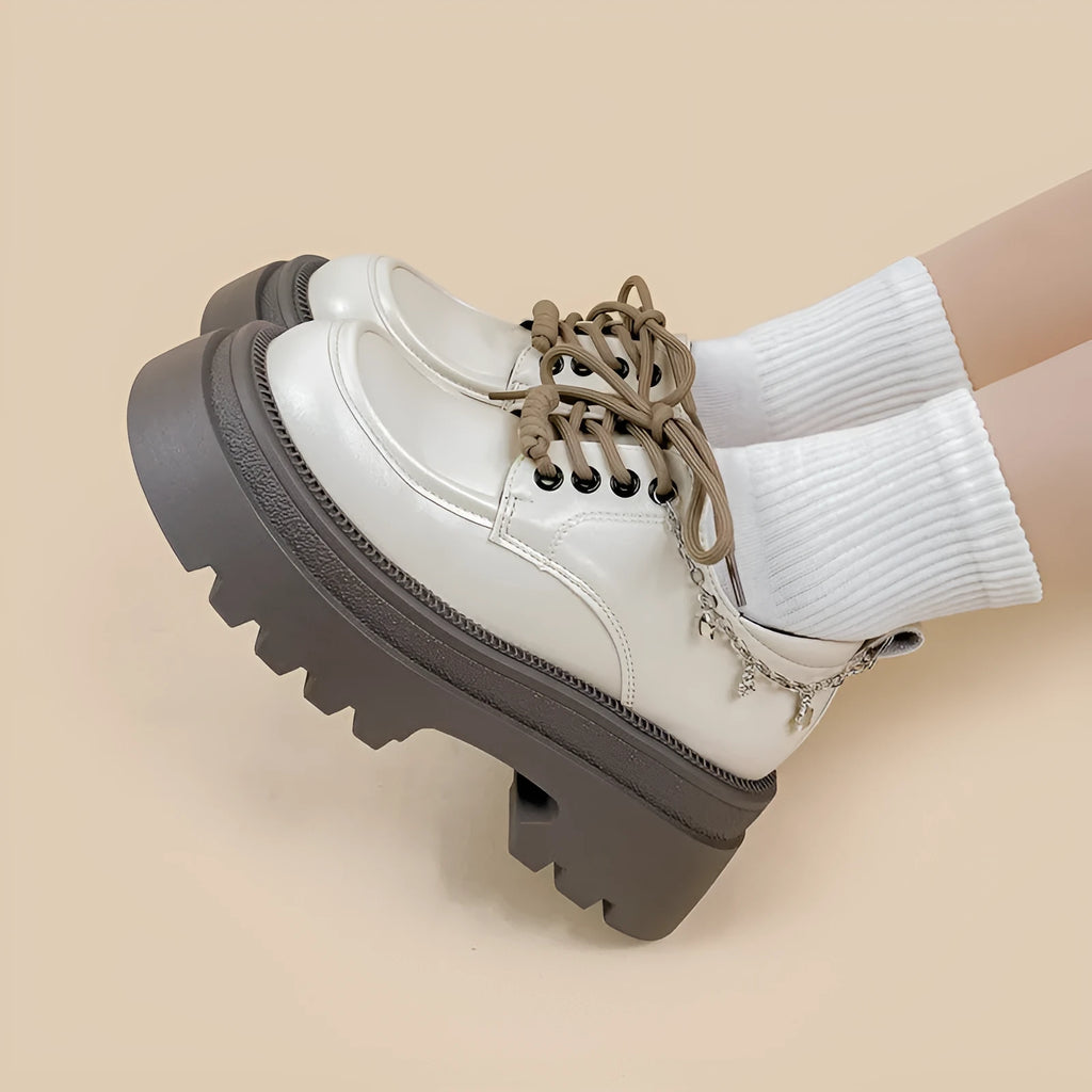White PU leather Mary Jane platform shoes with thick chunky heel and front lace-up in XINGX bear colour.