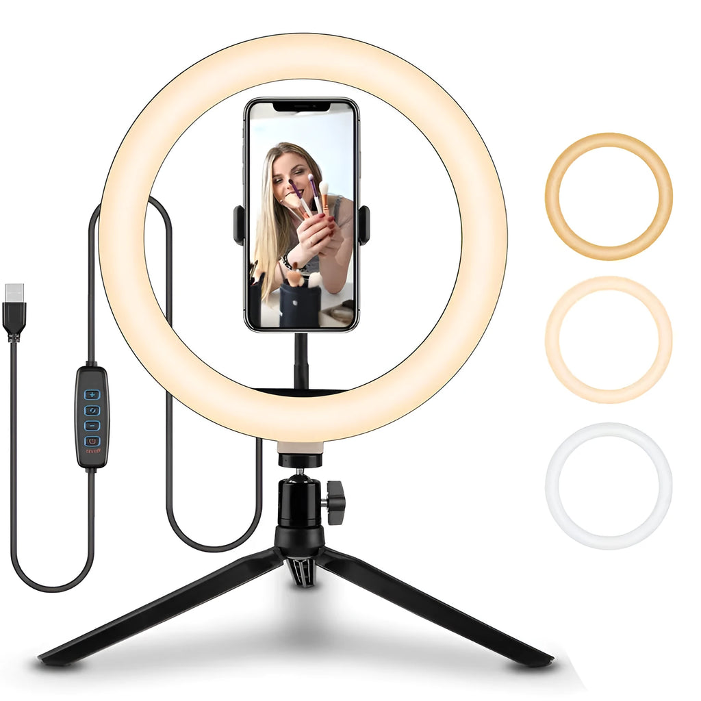 10-inch smartphone ring light on a 19cm adjustable metal tripod stand for selfies and video.