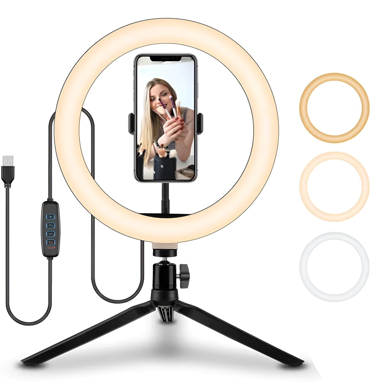 10-inch smartphone ring light on a 19cm adjustable metal tripod stand for selfies and video.
