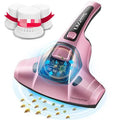 Pink mite-killing vacuum cleaner with nozzle, showing UK plug and dust canister.