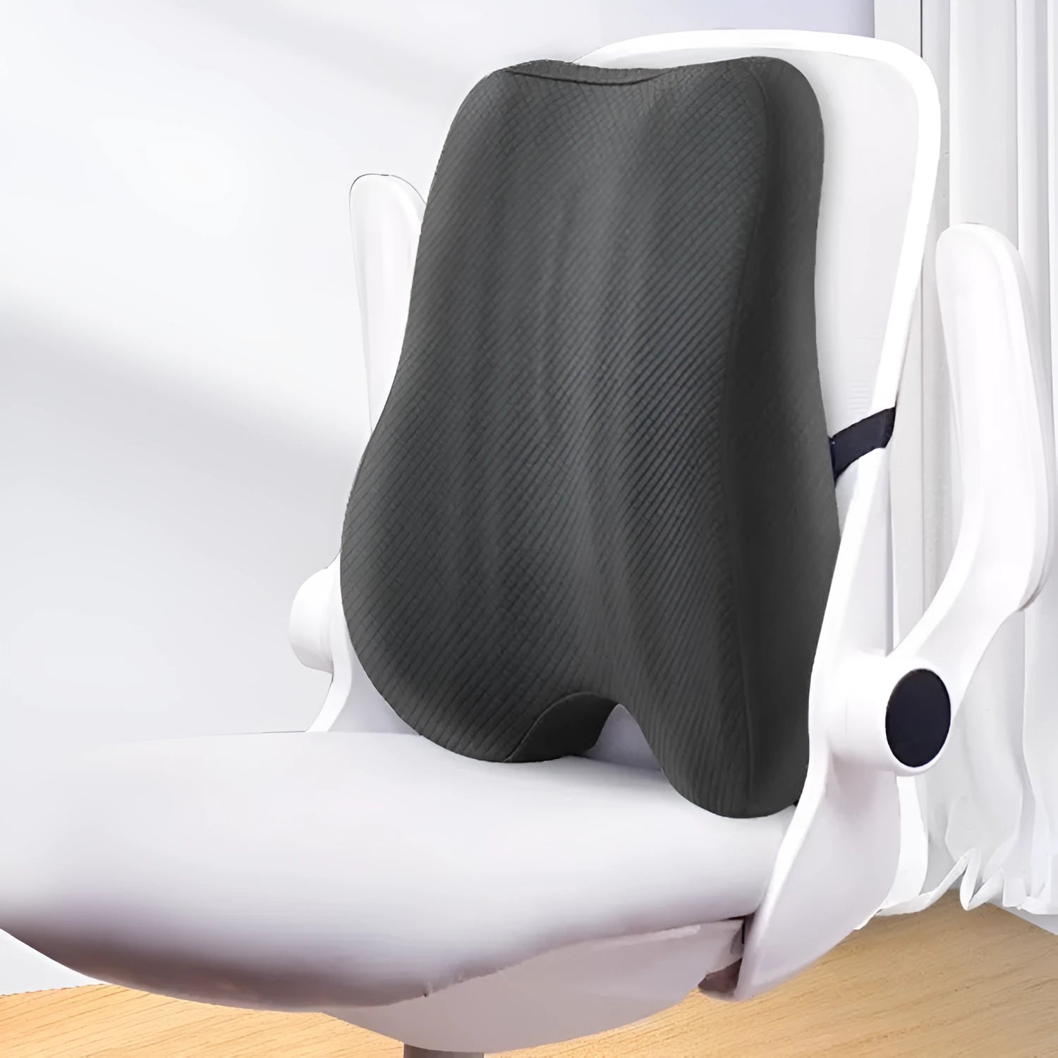 Grey lumbar support cushion measuring 40x40x8cm for office chairs