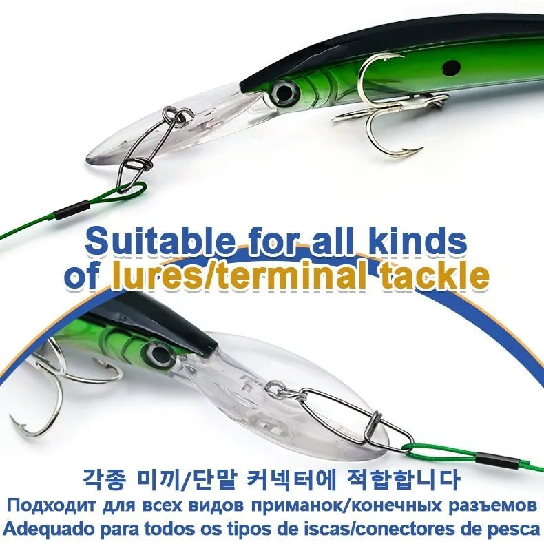 Set of ten 54 cm long green, black, and red fishing steel wire accessories with double buckle pins.